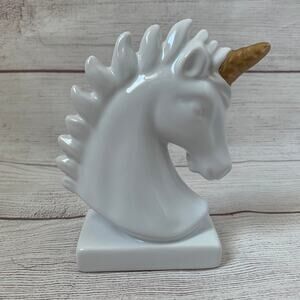 White Ceramic Unicorn Statue Figurine Bust with Gold Horn Glazed Finish 6"
